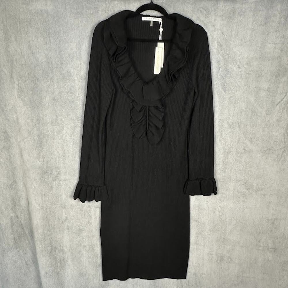 Trina Turk Dress Womens Large Black Quill Ruffle Sweater Quiet Luxury Party - Picture 2 of 13